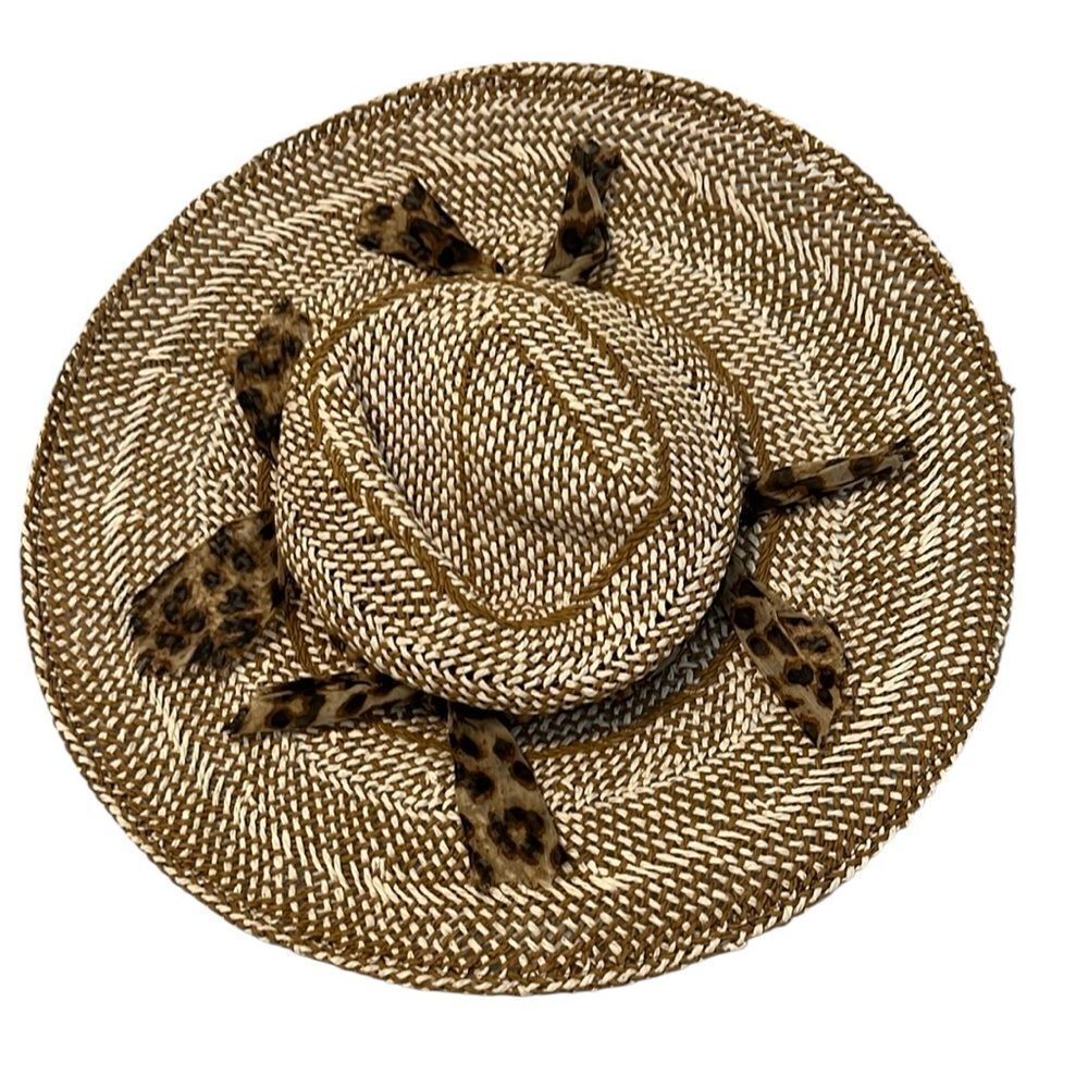 Stylish Woven Floppy Hat with Leopard and Bead Accents EUC